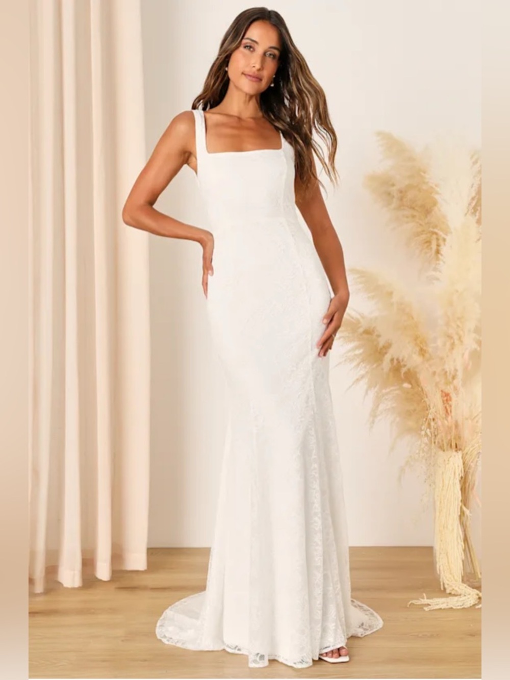Eternal Happiness White Lace Square Neck Mermaid Maxi Dress